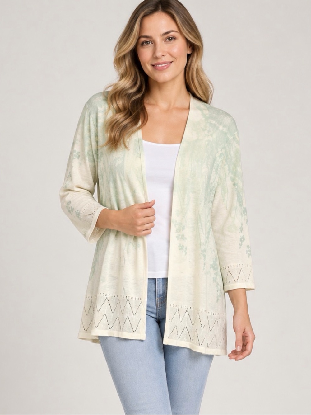 Chico’s Cream Mint Green Open Front Cardigan Sweater Size 1 (Medium)